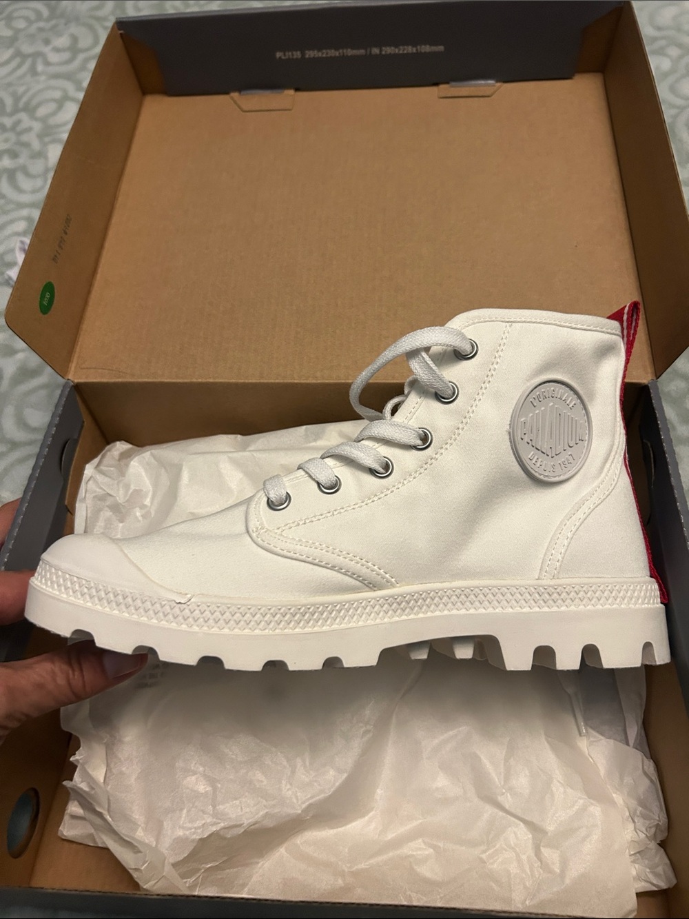 Palladium Kids White High-Top Canvas Boot with Red Heel Tab
